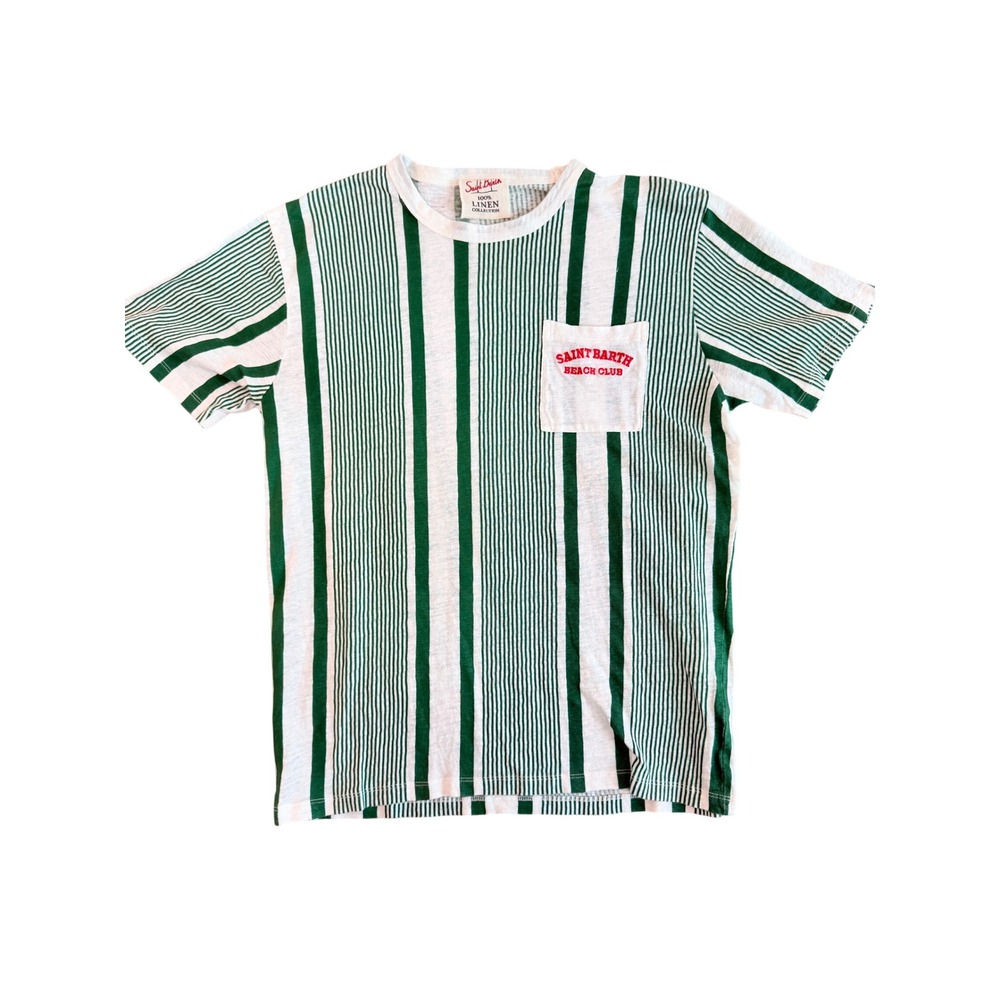 MC2 Saint Barth Linen Striped Pocket T-Shirt Green White Large Beach Club sz M